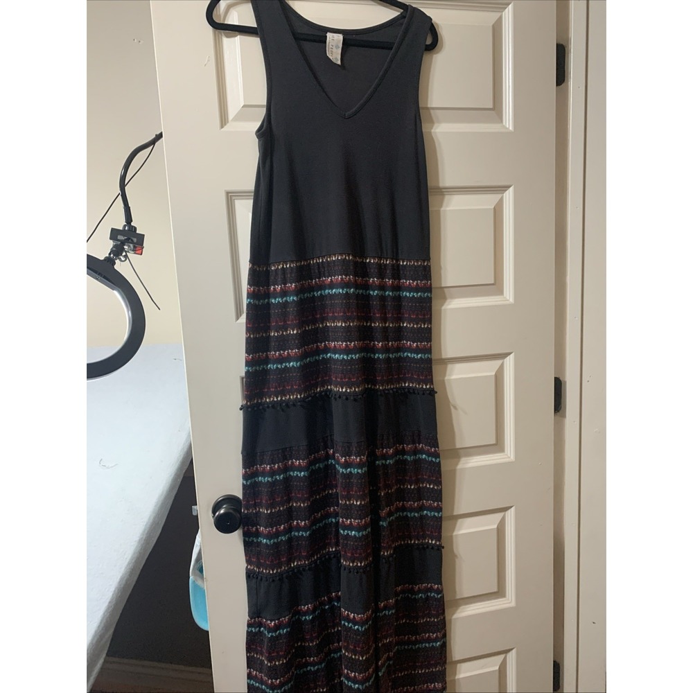 Free People Black Boho Tiered Maxi Dress Sleeveless V Neck Fair Isle S